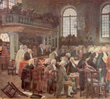 18 CHARLES HUOT Le dbat sur les langues: sance de l'Assemble lgislative du Bas-Canada le 21 janvier 1793 1910-1913 Huile sur toile maroufle sur le mur, 3,9 x 8,7 m (13 x 29 pi) SALLE DE L'ASSEMBLE LGISLATIVE, ASSEMBLE NATIONALE, QUBEC - 18 CHARLES HUOT The Language Debate</i>: <i>The Sitting of the Legislative Assembly of Lower Canada on 21 January 1793 1910-1913 Oil on canvas mounted on the wall, 3.9 x 8.7 m (13 x 29 ft.) LEGISLATIVE ASSEMBLY CHAMBER, NATIONAL ASSEMBLY, QUEBEC