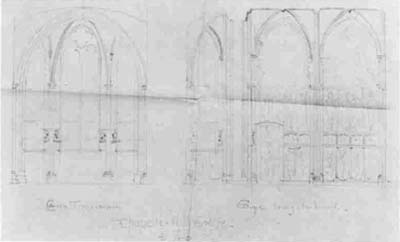 1 LOUIS N. AUDET (1880-1971) et OZIAS LEDUC Coupes transversale et longitudinale de la chapelle de l'vch de Sherbrooke (Louis N. Audet et Esquisses pour deux tableaux, dont l'Annonciation (Ozias Leduc) 1914-1921 Mine de plomb sur papier calque. 31 x 48 cm De la main de Louis N. Audet dans le bas: Coupe Transversale Coupe longitudinale/Chapelle de l'Eveche/1/4-1-0 ARCHIVES NATIONALES DU QUBEC  MONTRAL, FONDS OZIAS LEDUC - 1 LOUIS N. AUDET (1880-1971) et OZIAS LEDUC Cross and longitudinal sections of the chapel in the bishops palace in Sherbrooke (Louis N. Audet) and Sketches for two paintings, including The Annunciation (Ozias Leduc) 1914-1921 Pencil on tracing paper. 31 x 48 cm Inscribed in Audets handwriting l. l., Coupe Transversale; l. c., Chapelle de lEveche; and l. r., Coupe longitudinale. ARCHIVES NATIONALES DU QUBEC, MONTRAL, OZIAS LEDUC DOCUMENTATION