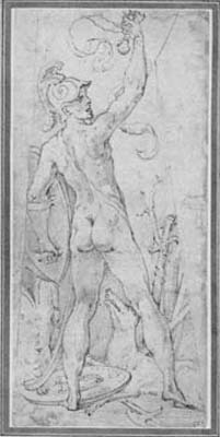 9 Francesco Parmigianino, Italian, 1503-1540 Nude Warrior holding a Standard aloft (?) Pen and brown ink, the outlines pricked 8 3/4 x 4, 22.1 x 10.1 cm. No. 15137 The National Gallery of Canada