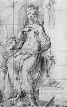 2 <i>Francesco Parmigianino, Italian, 1503-1540 Study for the Madonna dal collo lungo Red Chalk, heightened with white (oxidized) 7 3/4 x 4 13/16, 19.7 x 12.2 cm No. 0577