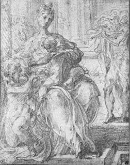 4 Francesco Parmigianino, Italian, 1503-1540 Study for the Madonna dal collo lungo" Red chalk over stylus 5 11/16 x 5 1/4, 14.4 x 13.3 cm No. 6378