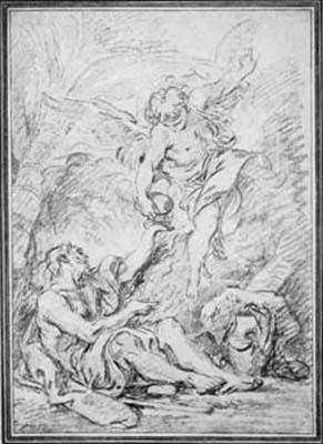 12 Franois Boucher, French, 1703-1770 An Angel Bringing Food to a Hermit Black chalk 12 3/8 x 8 1/2, 31.3 x 21.6 cm. No. 6888