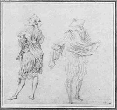 11 Jean-Antoine Watteau, French, 1684-1721 Two Male Figures Standing Red chalk 6 15/16 x 7 3/8, 17.6 x 18.7 cm. No. 4548