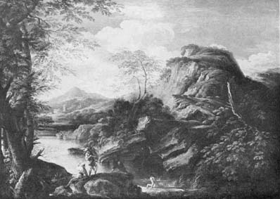 2 Salvator Rosa, Italie, 1615-1673 Vue de montagne, des visages et un homme qui se baigne Huile sur toile, 38 1/2 x 53 Galerie d'art, Southhampton