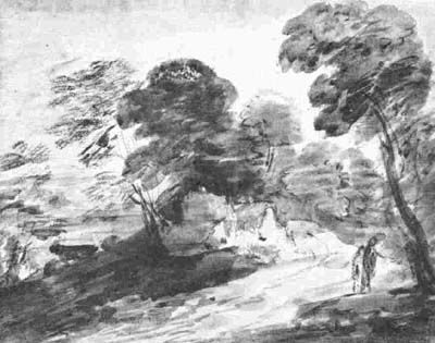 17 Thomas Gainsborough, British, 1728-1788 Landscape with Trees, Cottages and Two Figures Black chalk (or charcoal) and grey and blue wash, touched with white 7 3/8 x 9 1/2, 18.9 x 24.2 cm. No. 2886