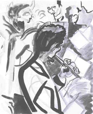 4 Pegi Nicol (1904-1949) L'orchestre Aquarelle et encre noire sur graphite, 42,6 x 34,9 cm Galerie nationale du Canada