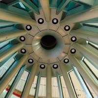 Ceiling detail of ceremonial glass teepee at First Nations University of Canada