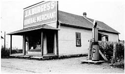 The J.A. Burgess General Merchant store, located at the corner of Chilliwack Central and Upper Prairie, East Chilliwack, 1928. P1998 38 11.