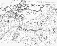 Hand drawn map based on oral history interviews by Oliver N. Wells, showing watercourses and early trails from 1865 to 1899. Map 383