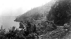 Vedder Mountain, with Sumas Lake and British Columbia Electric Railway line along lakeshore, ca. 1915. P1481