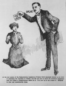 Illustration from a newspaper telling women to speak for their right to vote.