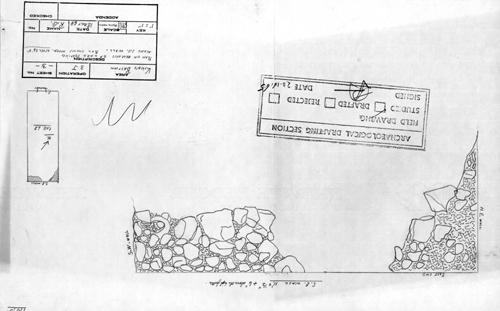 Plan of remains of large footing along southeast wall. Plan shows approximately Level 36' 4
Date of Creation:18/07/1964
Field Notbook References: Robert Grenier
Provenience: 1B3J-5