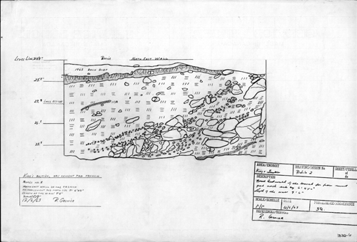 Northeast wall of trench far from cement pad
North side by 6' 4 1/2 inches. Lenght of wall is 9' 6 inches
Date of Creation: 12/06/1963
Field Notebook References: Robert Grenier
Provenience: 1B3Q-6