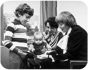 Jewish Family Services Agency counsellor Annette Wigod with Alexandra, Roman and Mark Bichin from USSR, 1977.