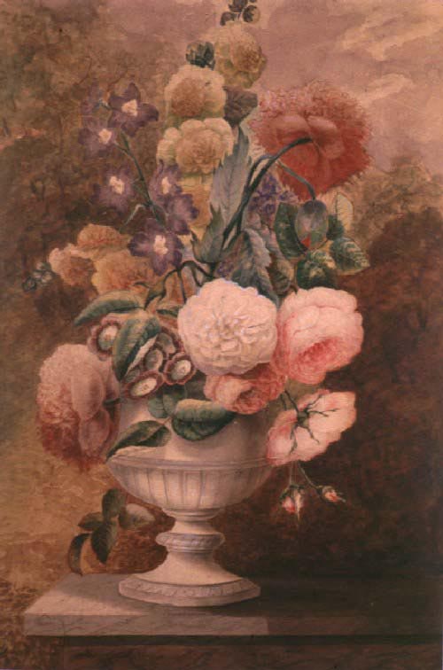 Vase of Peonies and Assorted Flowers on a Marble Ledge(1880)