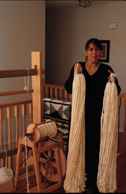 Debra Sparrow with her wool.  Courtesy UBC Museum of Anthropology. photo by Jill Baird