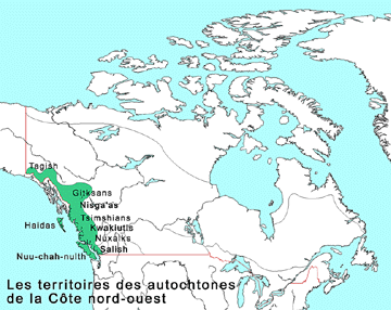 Carte, les territoires des autochtones de la Côte nord-ouest