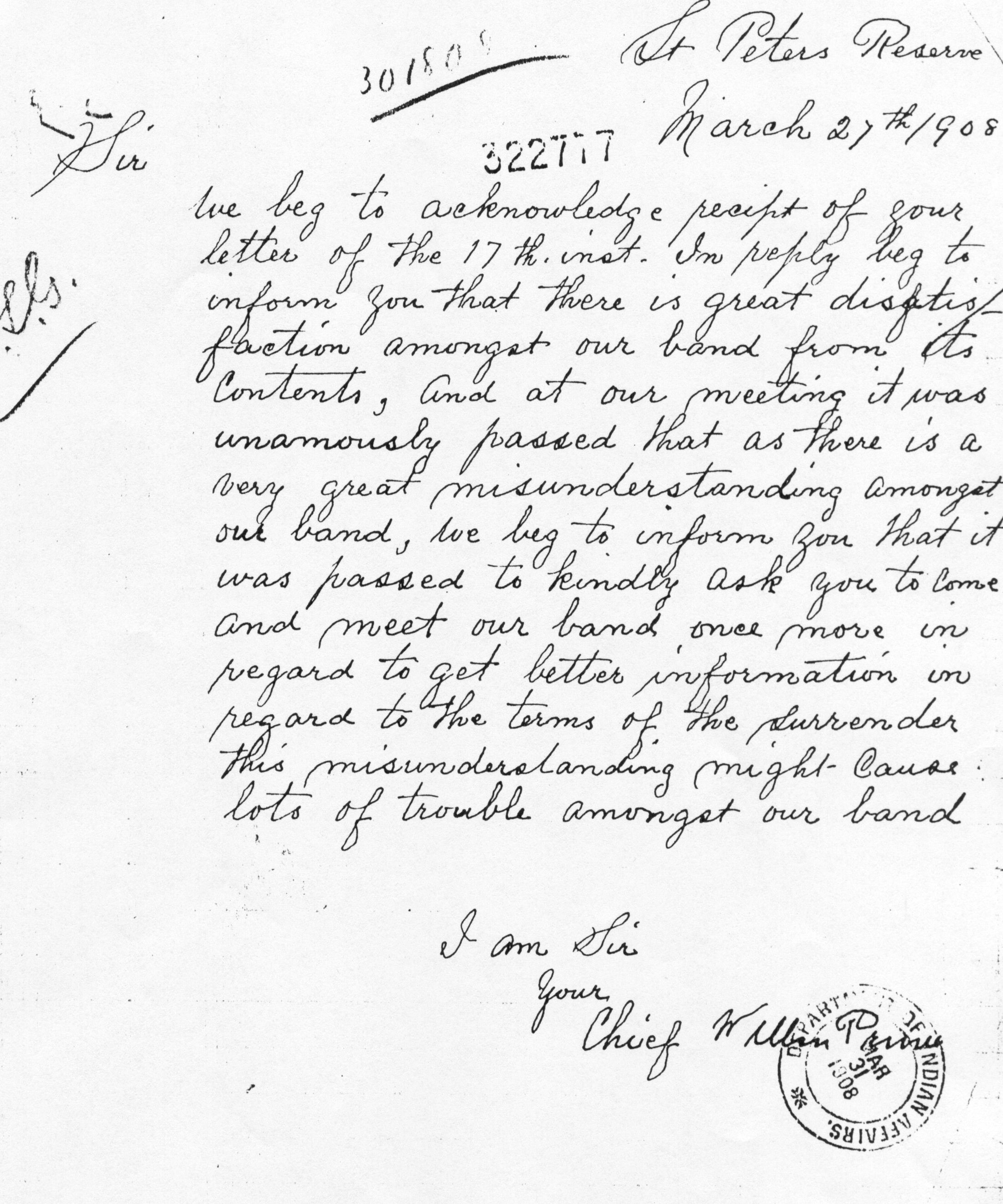 Letter from Chief William Prince