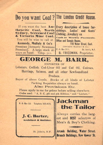Ads for Kennedy, Mullaly, & Go's, The London Credit House, George M. Barr, J.C. Barter, and Jackman the Tailor