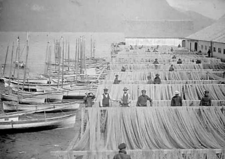 Mending nets at BA Cannery