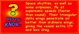[Did you know... Space shuttles, as well as some airplanes, fly at supersonic speeds (faster than sound).  Their triangular delta wings penetrate air better than ordinary wings, giving more lift and less drag.]