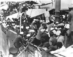 Passengers aboard the Komagata Maru, awaiting
 immigration clearance