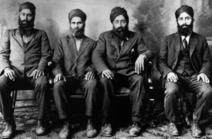 Four Sikh pioneers: (l to r:
Natha Singh Mattu, Dalip Singh Uppal, Harnam Singh Dalawala, and
Saran Singh Meham)