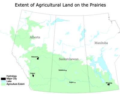Map showing extent of agricultural coverage on the praries