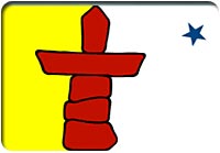 Image - Nunavut flag: Gold, white and blue symbolize the riches of the land, sea and sky. The inukshuk, a traditional landmark for Arctic travellers, is red as a reference to Canada.