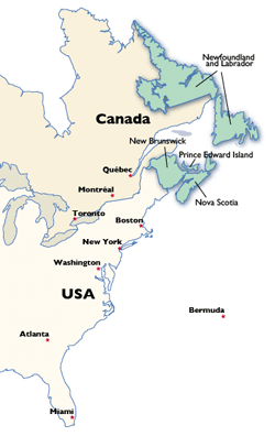 Map of Eastern Canada and USA, highlighting Atlantic Canada