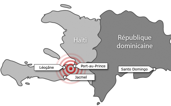 Carte identifiant l'épicentre du séïsme en Haïti.
