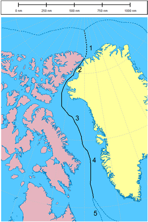 Illustration of the maritime boundary between Canada and the Kingdom of Denmark.