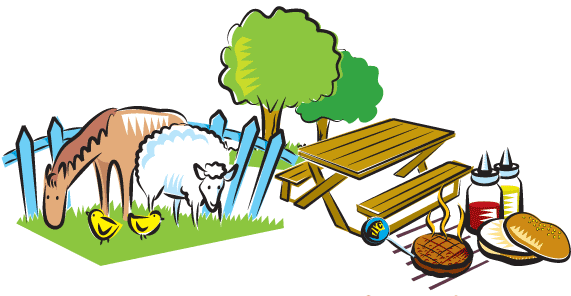 images - picnic table, hamburger and thermometer, horse, lamb and chicks