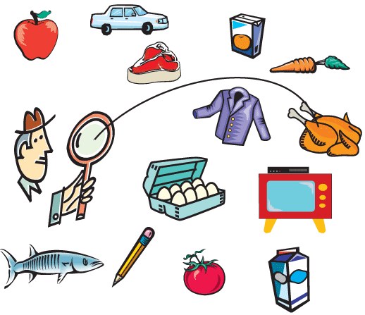 image with a variety of item - inspector, apple, car, eggs in a carton, tomato, fish, pencil, juice box, milk carton, television, turkey, jacket, carrot, steak