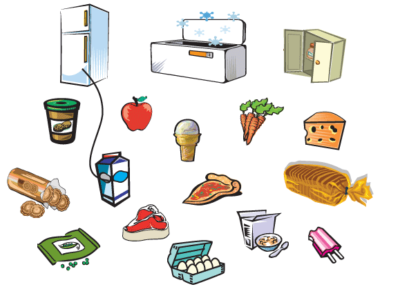 image with a variety of items - refrigerator, freezer, cupboard, peanut butter, cookies, apple, ice cream cone, cheese, carrots, frozen peas, eggs in carton, cereal, popsicle, pizza, bread