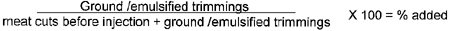 Mathematical equation: Ground or emulsified trimmings divided by the meat cuts before injection plus the ground or emulsified trimmings multiplied by 100 equals the percentage added