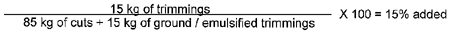 Mathematical equation: 15 kilograms of trimmings divided by 85 kilograms of meat cuts before injection plus the 15 kilograms of ground or emulsified trimmings multiplied by 100 equals 15 per cent added