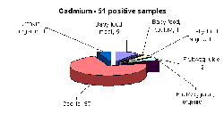 Breakdown of positive samples found by metal and food categories - cadmium