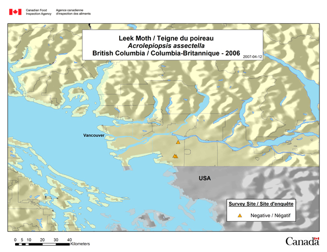 This map shows the Acrolepiopsis assectella survey sites in British Columbia in 2006.