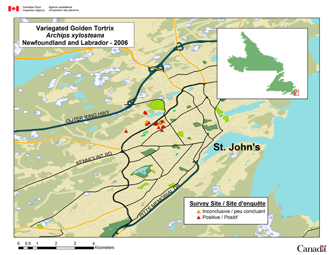 This map shows the Archips xylosteana survey sites in Newfoundland and Labrador in 2006.