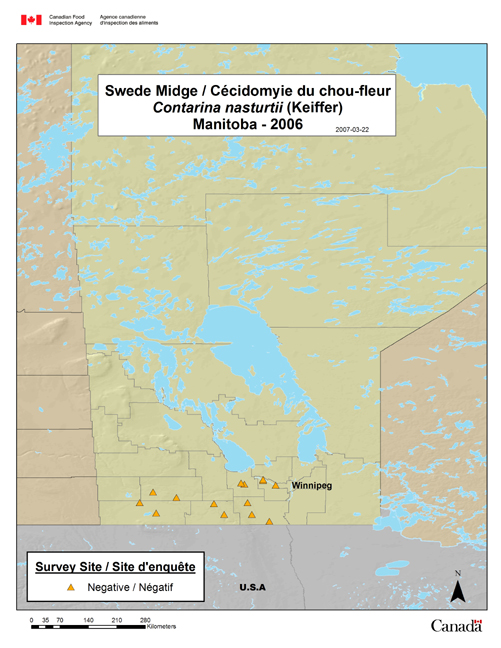 This map shows the Swede Midge survey sites for Manitoba in 2006.