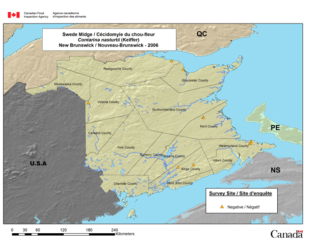 This map shows the Swede Midge survey sites for New Brunswick in 2006.