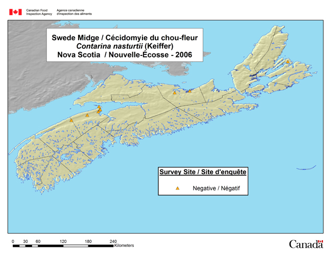 This map shows the Swede Midge survey sites for Nova Scotia in 2006.