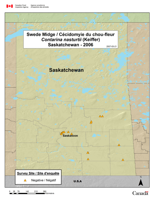 This map shows the Swede Midge survey sites for Saskatchewan in 2006.