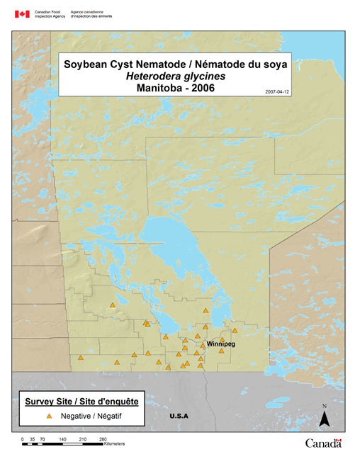 This map shows the Heterodera glycines survey sites in Manitoba in 2006.