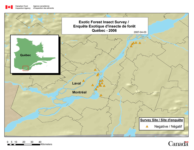 This map represents the invasive alien species survey sites in Quebec for 2006.