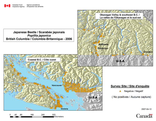This map shows the sites surveyed for Japanese beetle in the British Columbia for 2006.