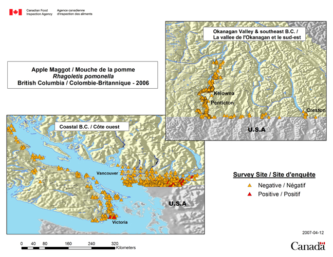 This map shows the Apple Maggot survey sites for British Columbia in 2006.