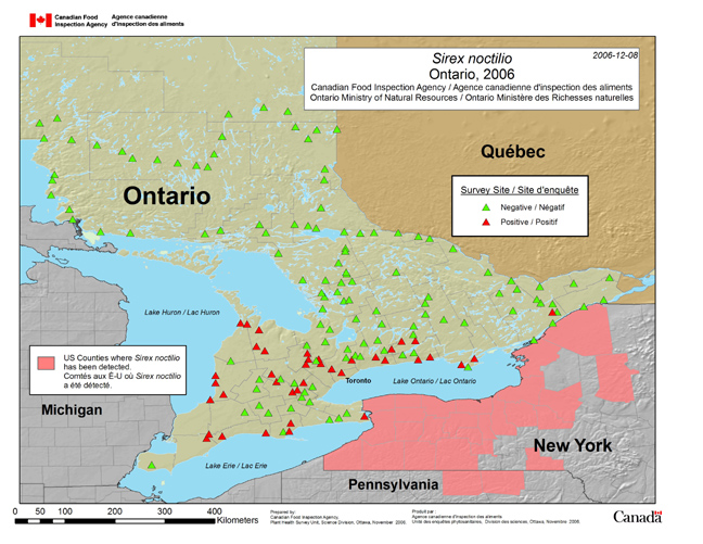 This map shows the 2006 Sirex survey results for the province of Ontario.