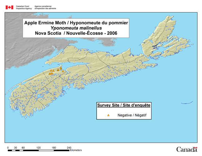 This map shows the Yponomeuta malinellus survey sites in Nova Scotia in 2006.